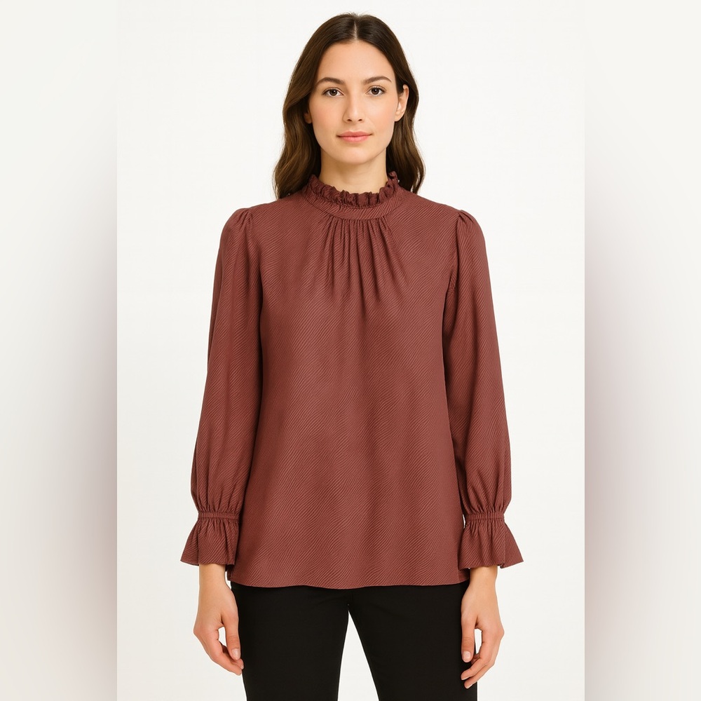 Anthropologie Caballero Silk Blend Ruffle High Neck Blouse Red Medium